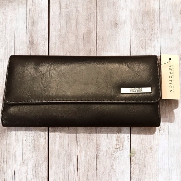 NWT Long Kenneth Cole Reaction Wallet Black Faux Leather & Leopard Print - Picture 1 of 4